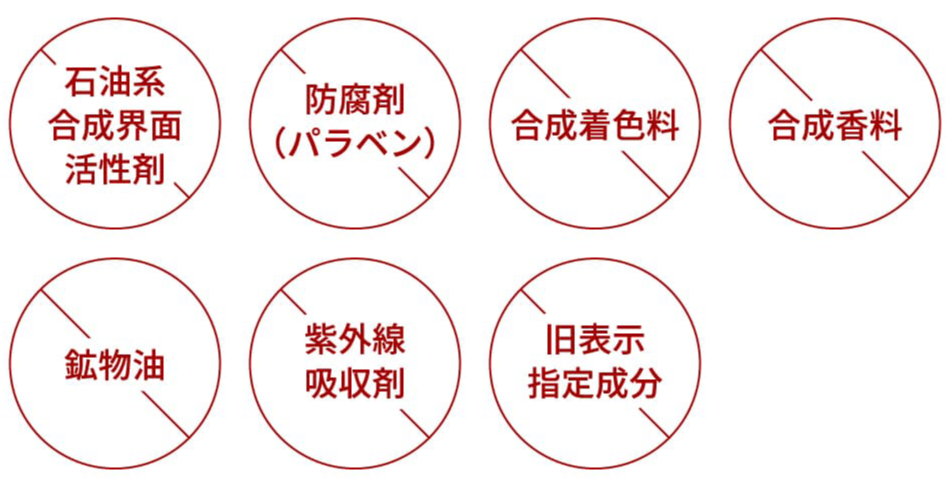 石油系合成界面活性剤 防腐剤（パラベン） 合成着色料 合成香料 鉱物油 紫外線吸収剤